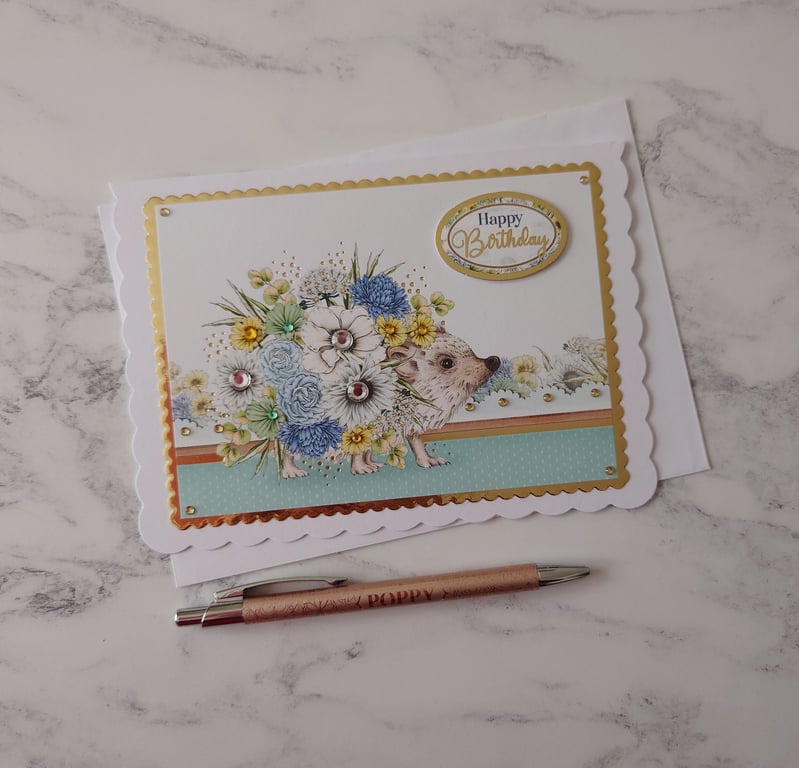 Happy Birthday Hedgehog Flowers 3D Luxury Handmade Card