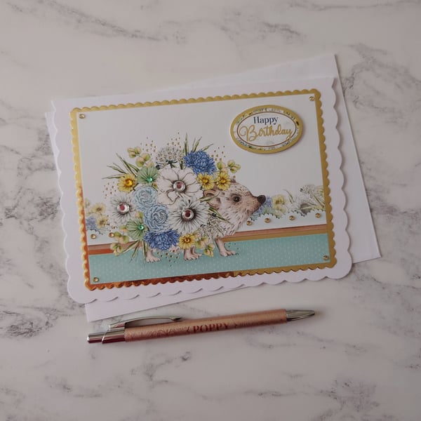 Happy Birthday Hedgehog Flowers 3D Luxury Handmade Card