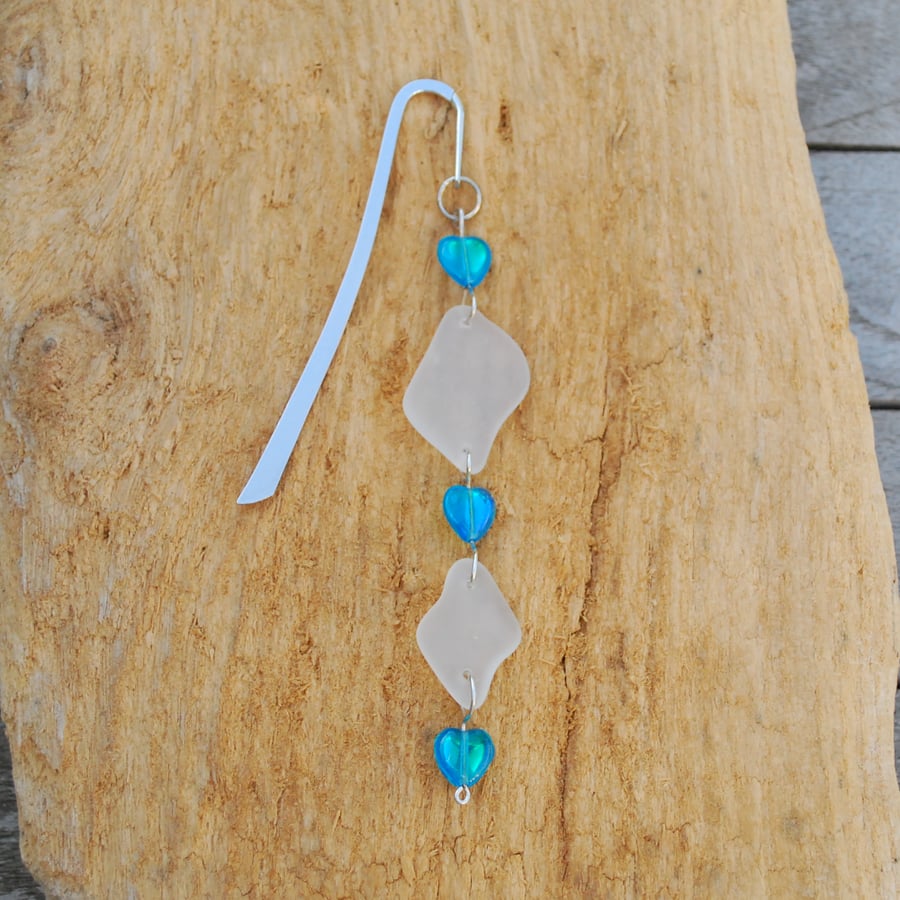 Sea glass bookmark with turquoise hearts