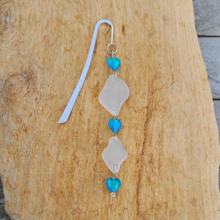 Sea glass bookmark with turquoise hearts