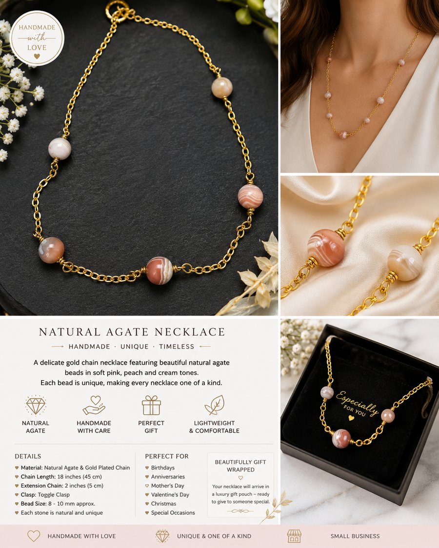 Handmade Pink Botswana Agate Gemstone Bracelet Gold Plated Gift for Her