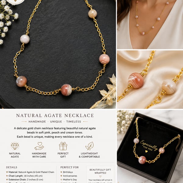 Handmade Pink Botswana Agate Gemstone Bracelet Gold Plated Gift for Her