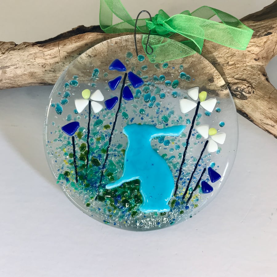 Fused glass hare suncatcher, nature lover gift, Mother’s Day