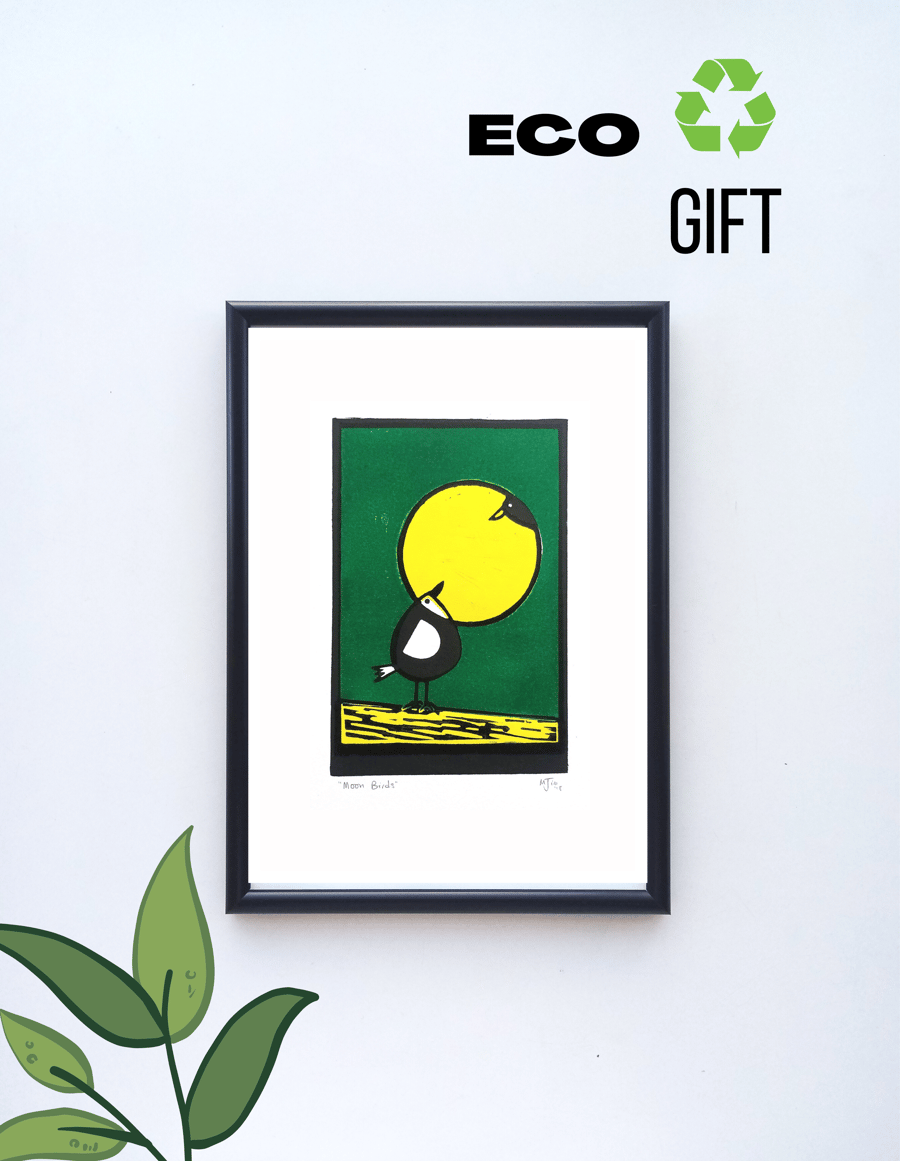 Handprinted ECO Linoprint Moon Birds Linocut Wall Art Handmade Print Nursery Gif