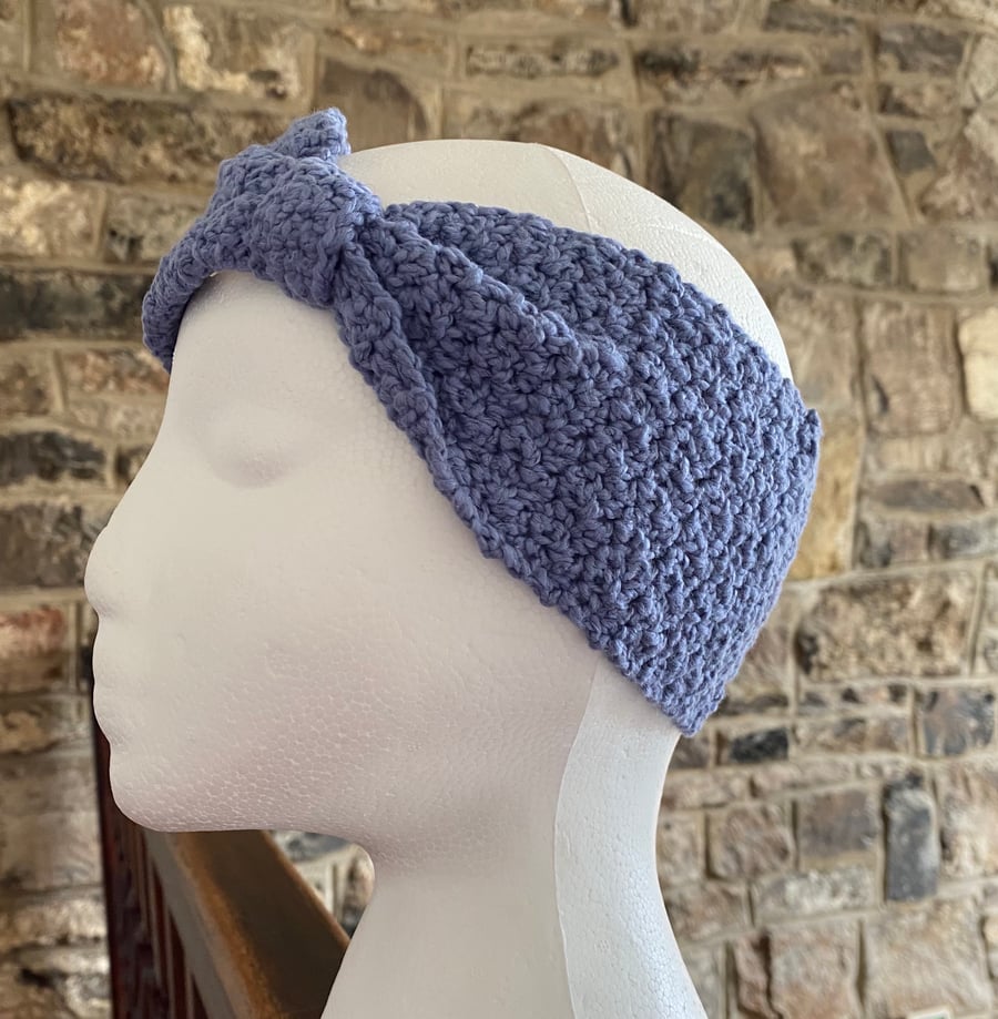 Women’s ear warmer, blue, cotton blend yarn