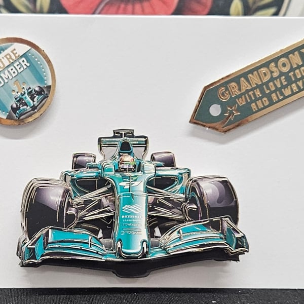 3d decoupaged card. Grandson. F1 car. Handmade. Unique. Formula 1