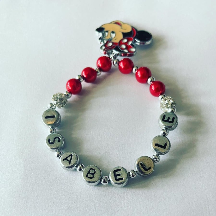 Personalised minnie mouse red bracelet stretch beaded 