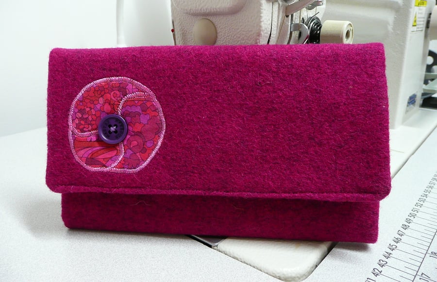 Pink bi fold wallet, ladies purse tweed bi fold wallet with applique detail