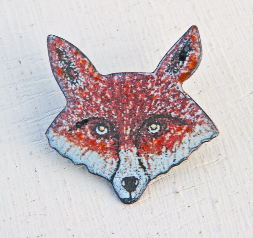Fox's Head Brooch - in Rusty-Red Foxy Enamel Colours