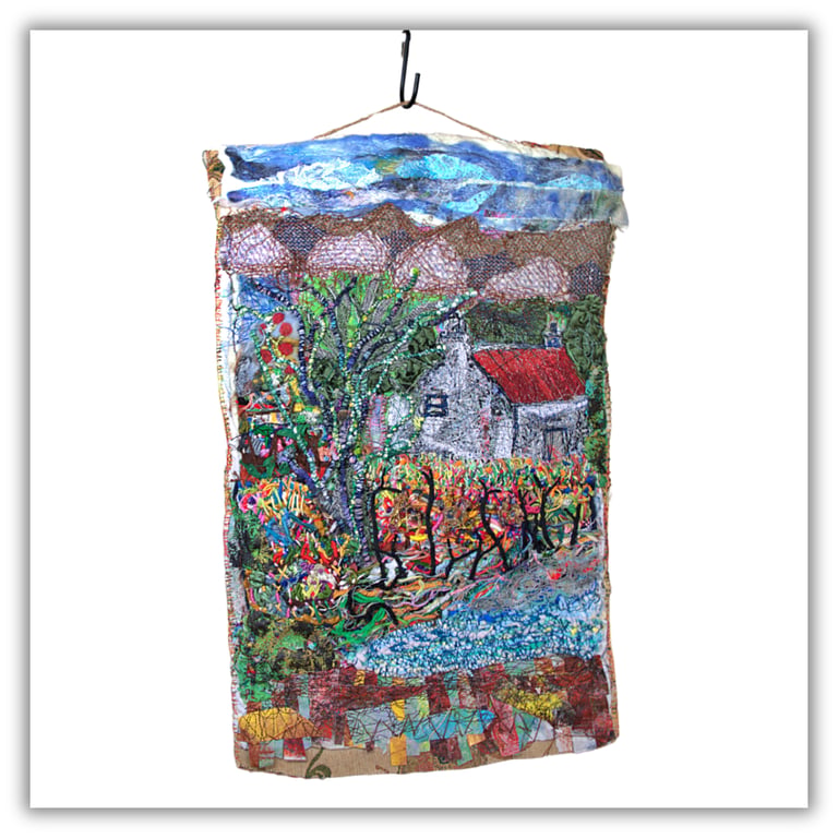 Textile art - boathouse - landscape - ready to hang - needlework