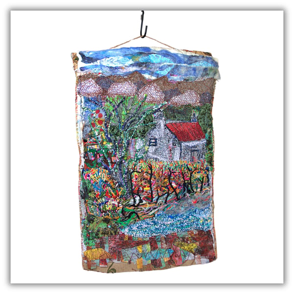 Textile art - boathouse - landscape - ready to hang - needlework