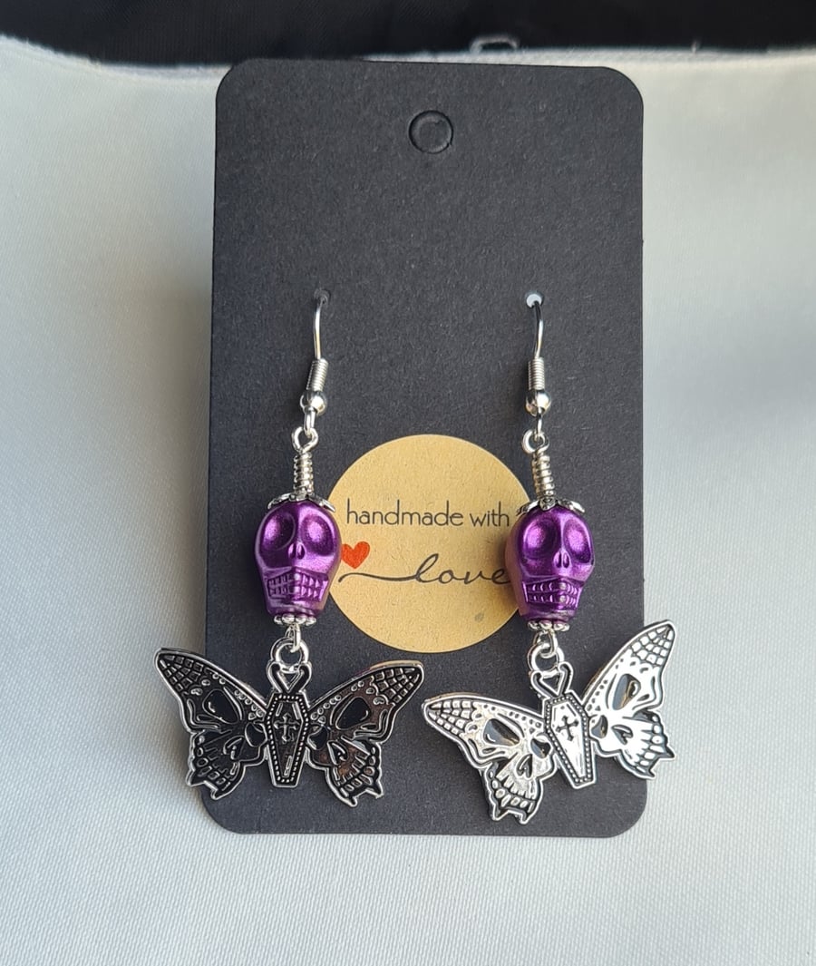 Spooky Butterfly Skull Earrings  - Purple Skulls