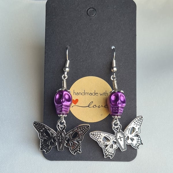 Spooky Butterfly Skull Earrings  - Purple Skulls