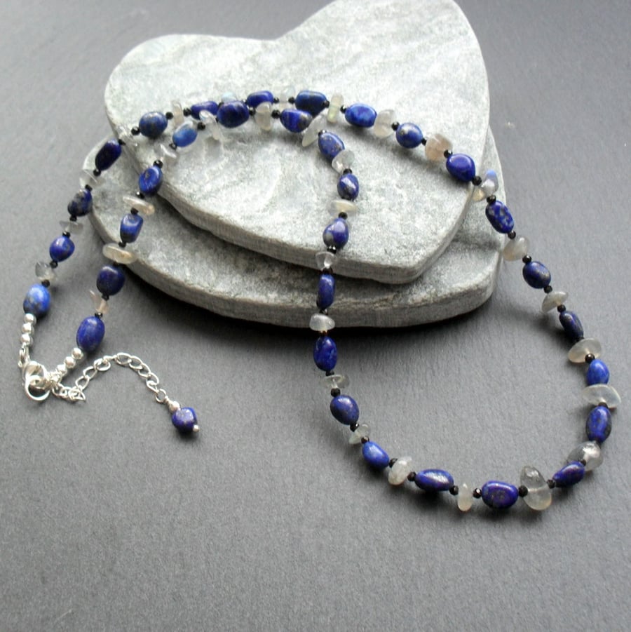 Lapis Lazuli  Labradorite and Black Spinel Sterling Silver Necklace