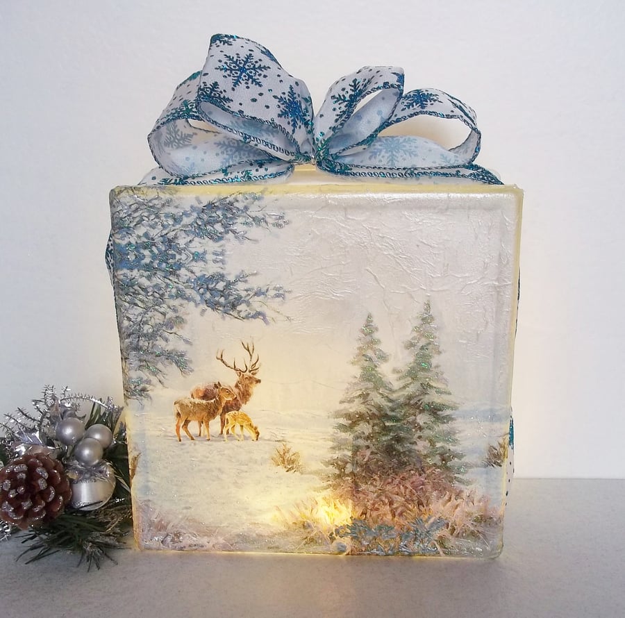 Stag Christmas Decoration, Stag Christmas Light, Winter Wonderland Glass Block