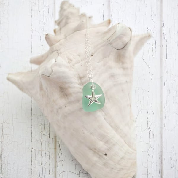 Aqua Sea Glass and Sterling silver Starfish necklace