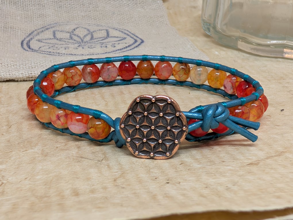 Orange agate and teal leather bracelet with circle of life button fastener