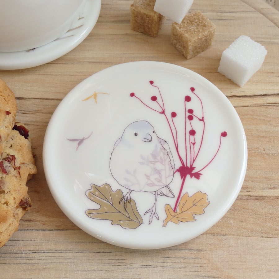 Bone china chaffinch and leaves coaster