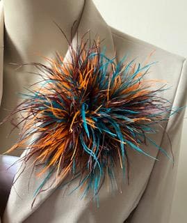 Tanga- Brown, Orange & Teal Mix Ostrich Feather Style Brooch - Corsage Lapel Pin