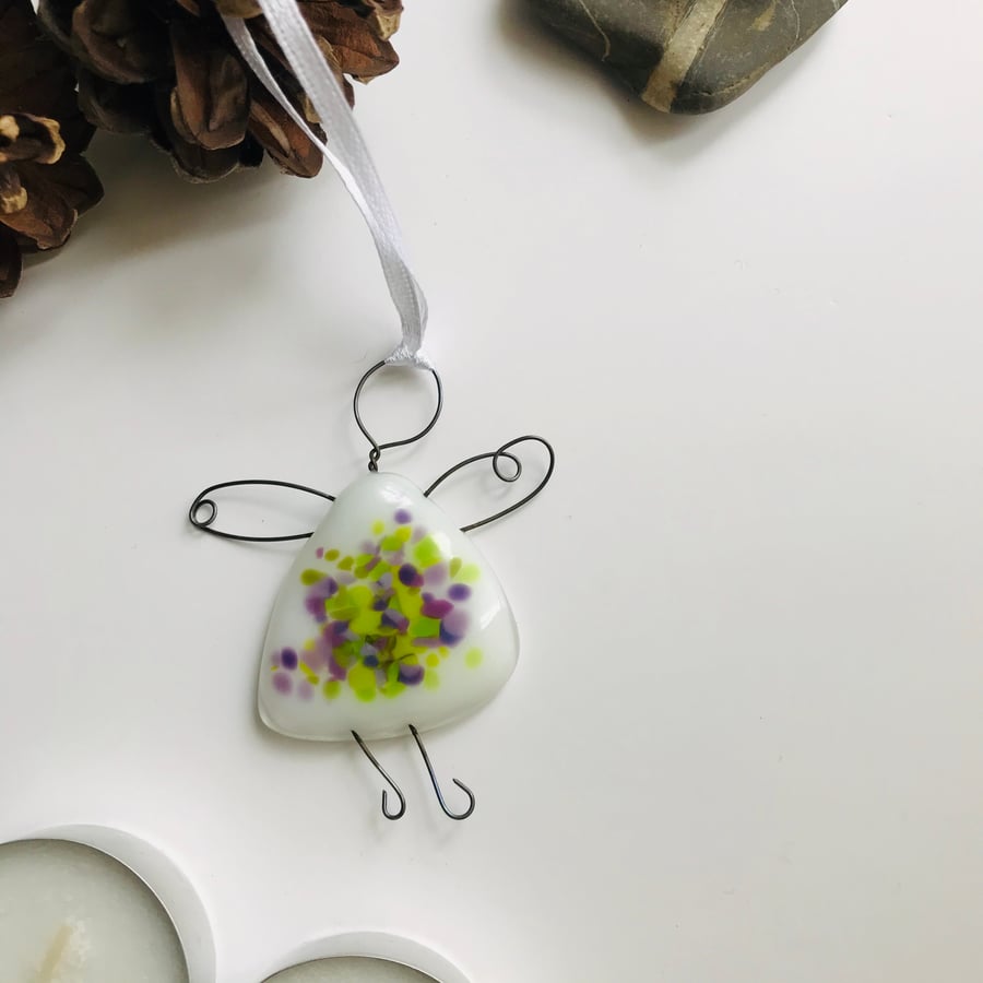  fused glass fairy, angel, gift for friend, green, purple 