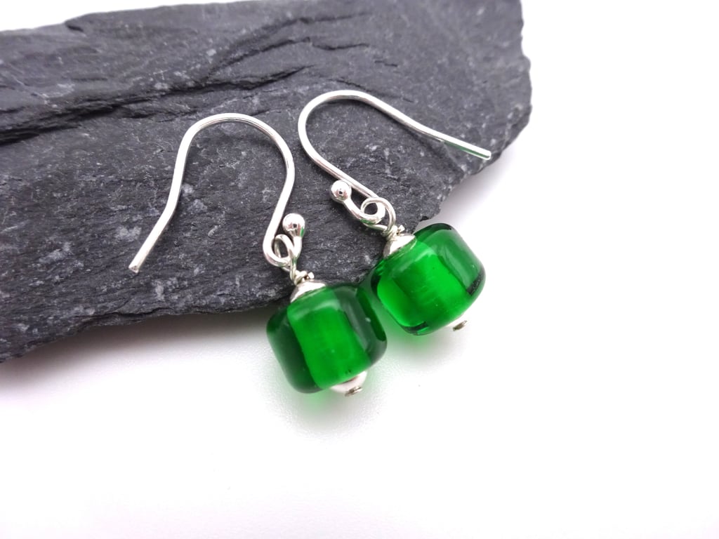 green lampwork glass earrings