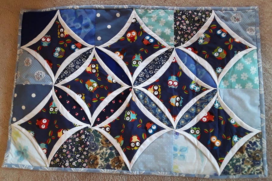 Homemade Owl cathedral window blue table runner