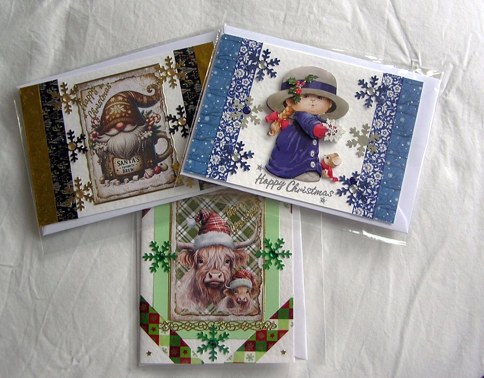 Set of 3 (Three) Beautiful Hand-Crafted Christmas Decoupage Greeting Cards (g)