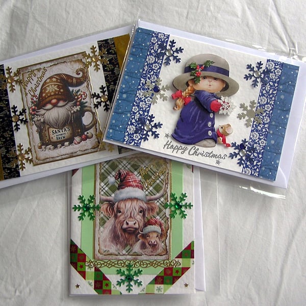 Set of 3 (Three) Beautiful Hand-Crafted Christmas Decoupage Greeting Cards (g)