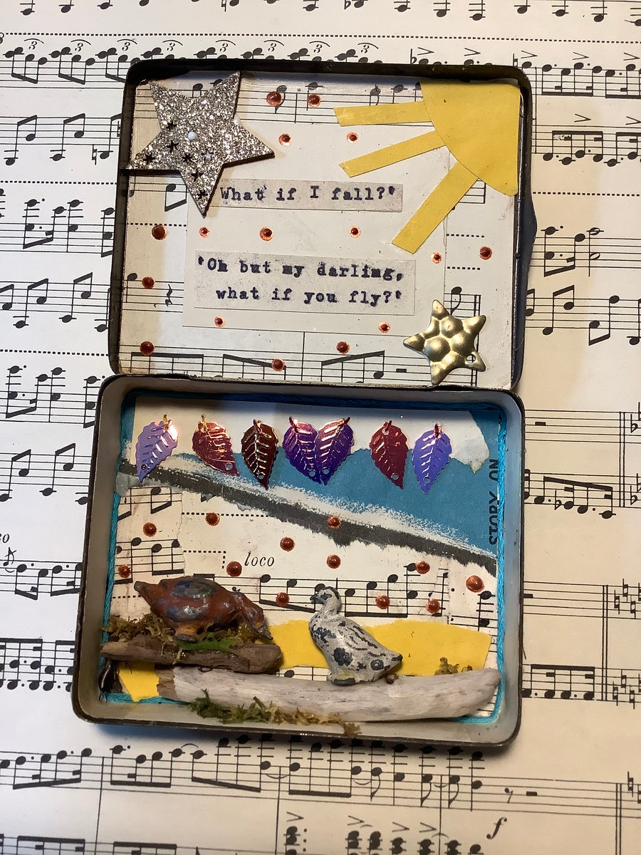 What if I fall? What if you fly? Mixed media vintage tin. Ducks. Retro. Quirky. 