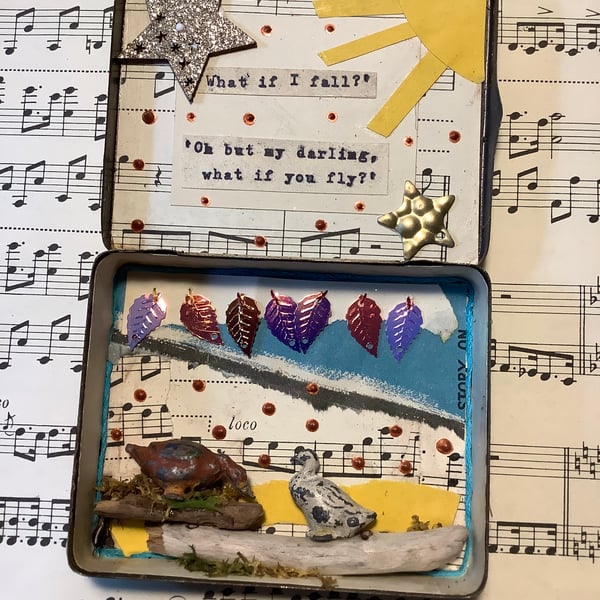 What if I fall? What if you fly? Mixed media vintage tin. Ducks. Retro. Quirky. 