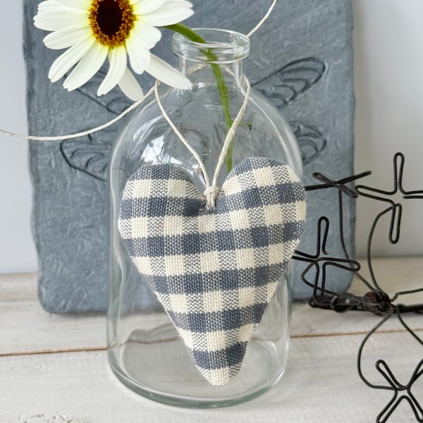 MINI HEART DECORATION - grey gingham checks, with lavender
