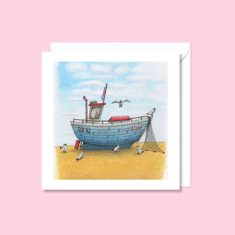 Seaside Fishing Boat Greeting Card: Hand Drawn Beach Life Illustration (809)