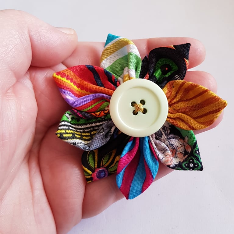 Multicolour Fabric Flower Hair Clip with Cream Button - Patchwork Floral Clip