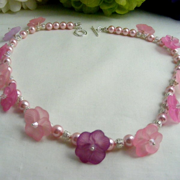 Shades of Pink with Lilac Pansy flower Necklace