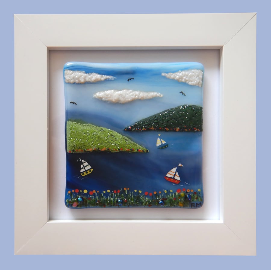 HANDMADE FUSED GLASS  'SAILING' PICTURE