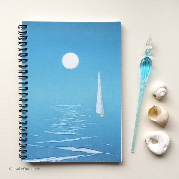 Silent tide sailing monoprint lined A5 notebook