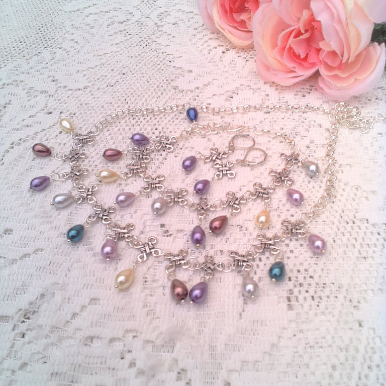 Pearl and Diamond Shaped Connector 3 Piece Jewellery Set, Gift for Her, Gift Set