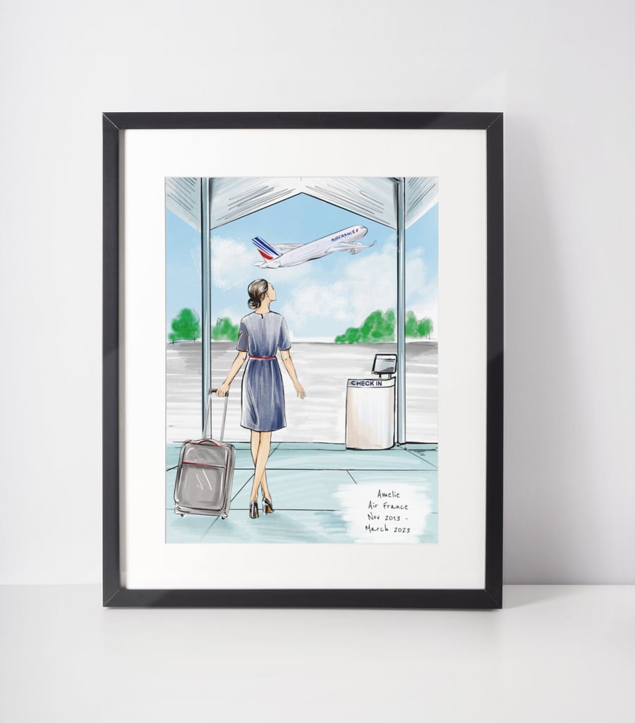 Any Airline Personalised Cabin Crew Print Flight Attendant Check In Illustration