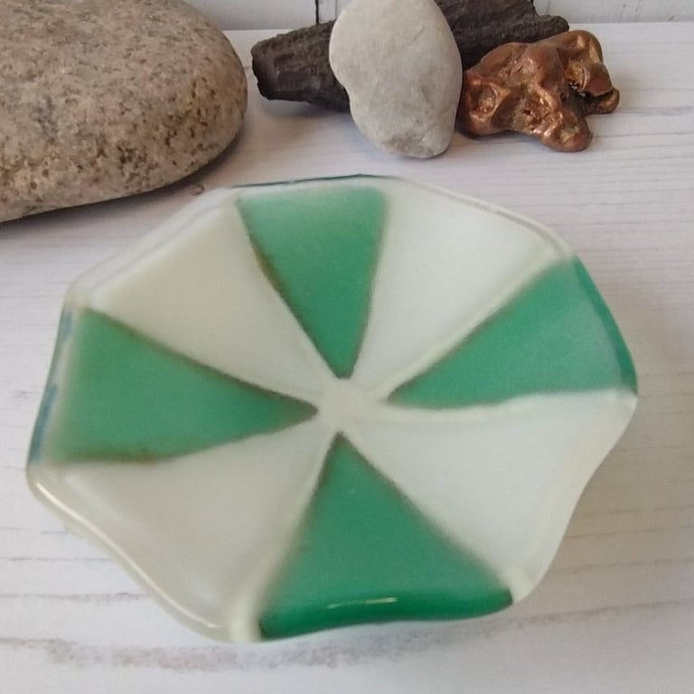 Octagonal White and Pale turquoise blue Fused glass trinket bowl or dip dish