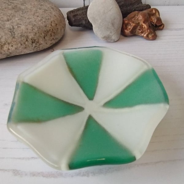 Octagonal White and Pale turquoise blue Fused glass trinket bowl or dip dish