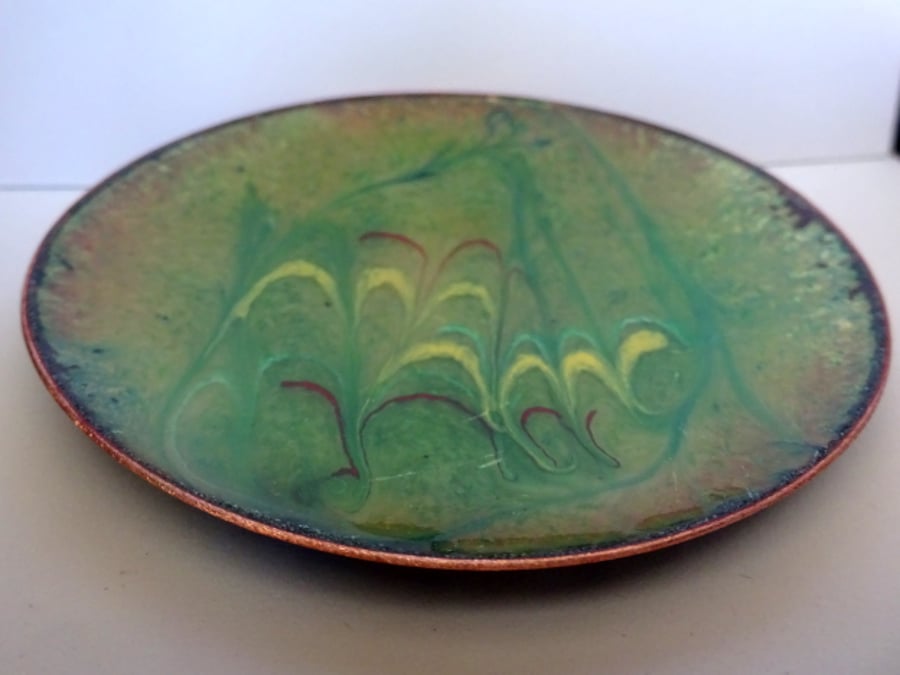 enamel dish - scrolled red-brown yellow and lime green on green over clear
