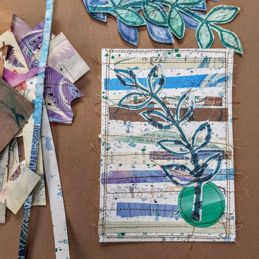Leaf and branch Collage - paper and stitching