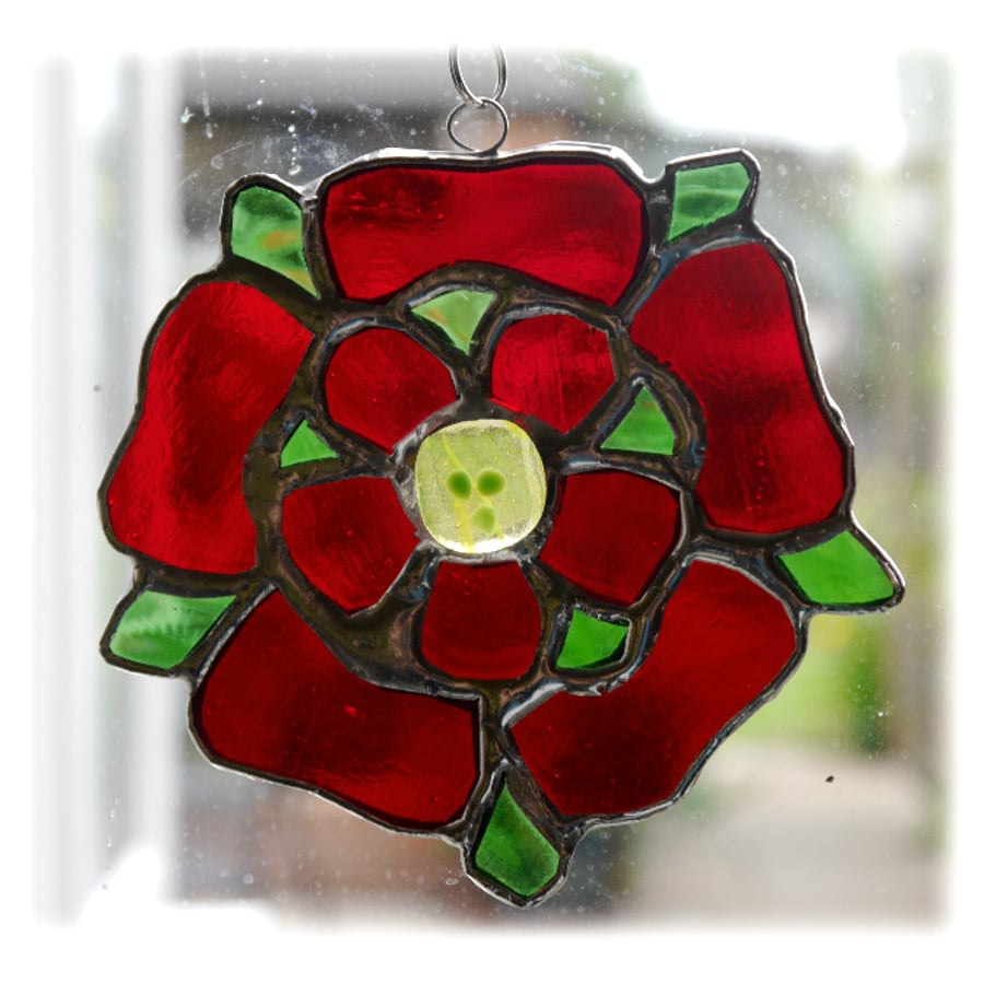 Lancashire Rose Suncatcher Stained Glass Red Handmade 