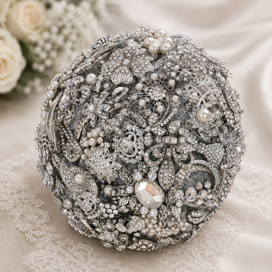 Silver Brooch Bridal Bouquet - Handmade Keepsake Wedding Bouquet