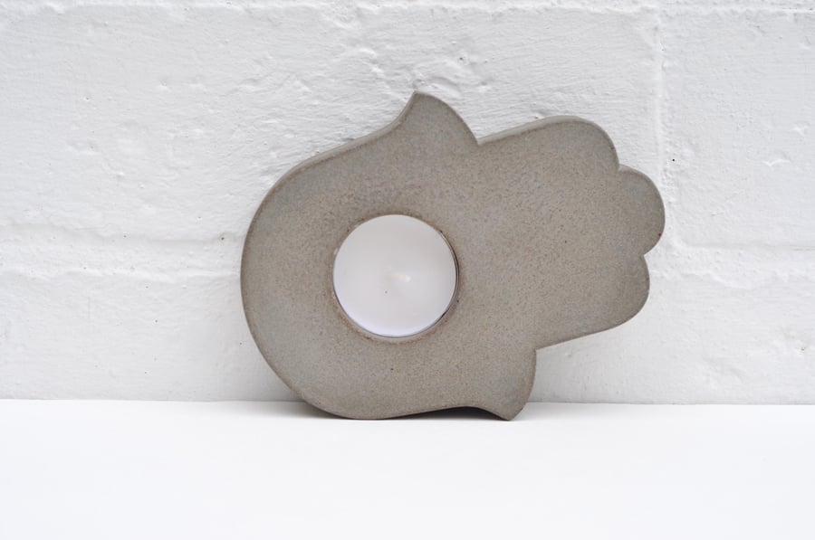 Handmade Concrete Hamsa Tealight Holder - Grey Cylindrical Candle Holder Orienta