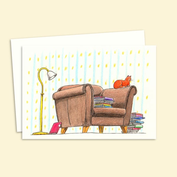 Bookish Cat Greeting Card - Hand Drawn Illustration of a Cosy Ginger Cat