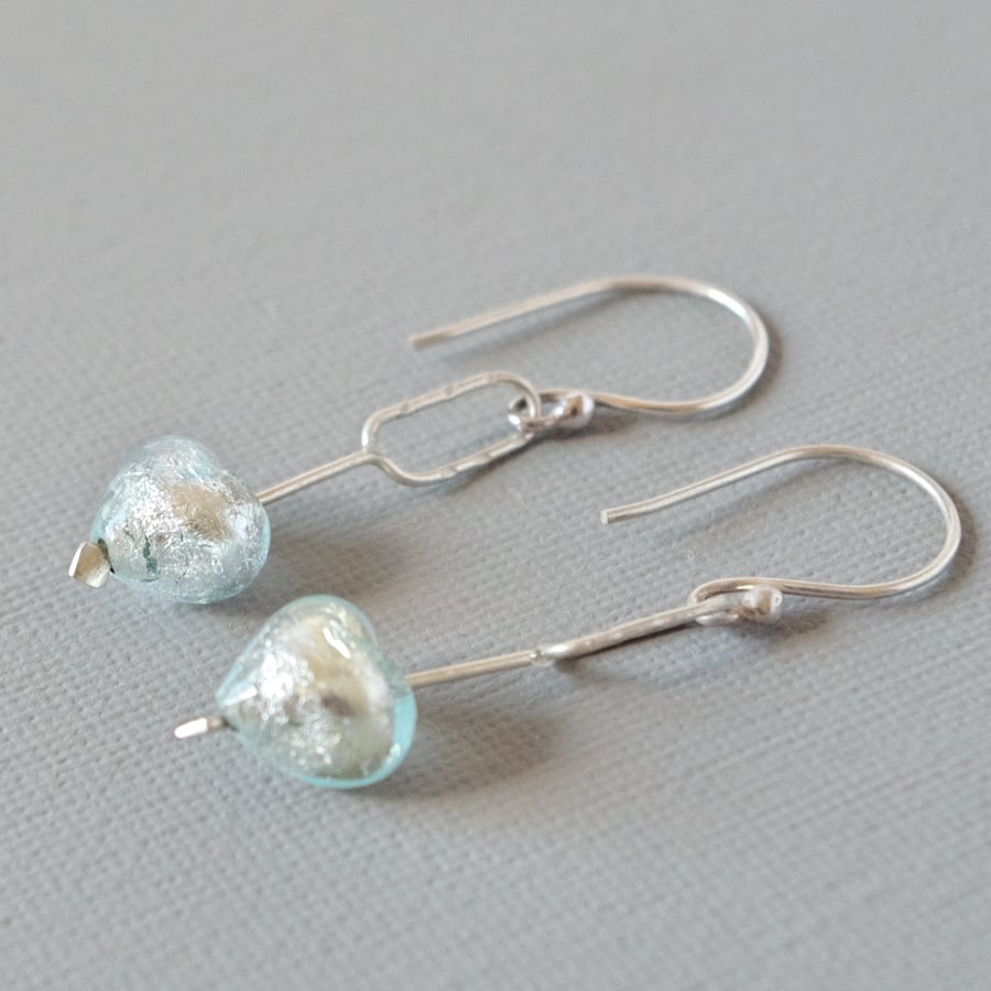 Cupid's Dart Murano Heart Drop Earrings in Aqua With Sterling Silver Arrow Mount