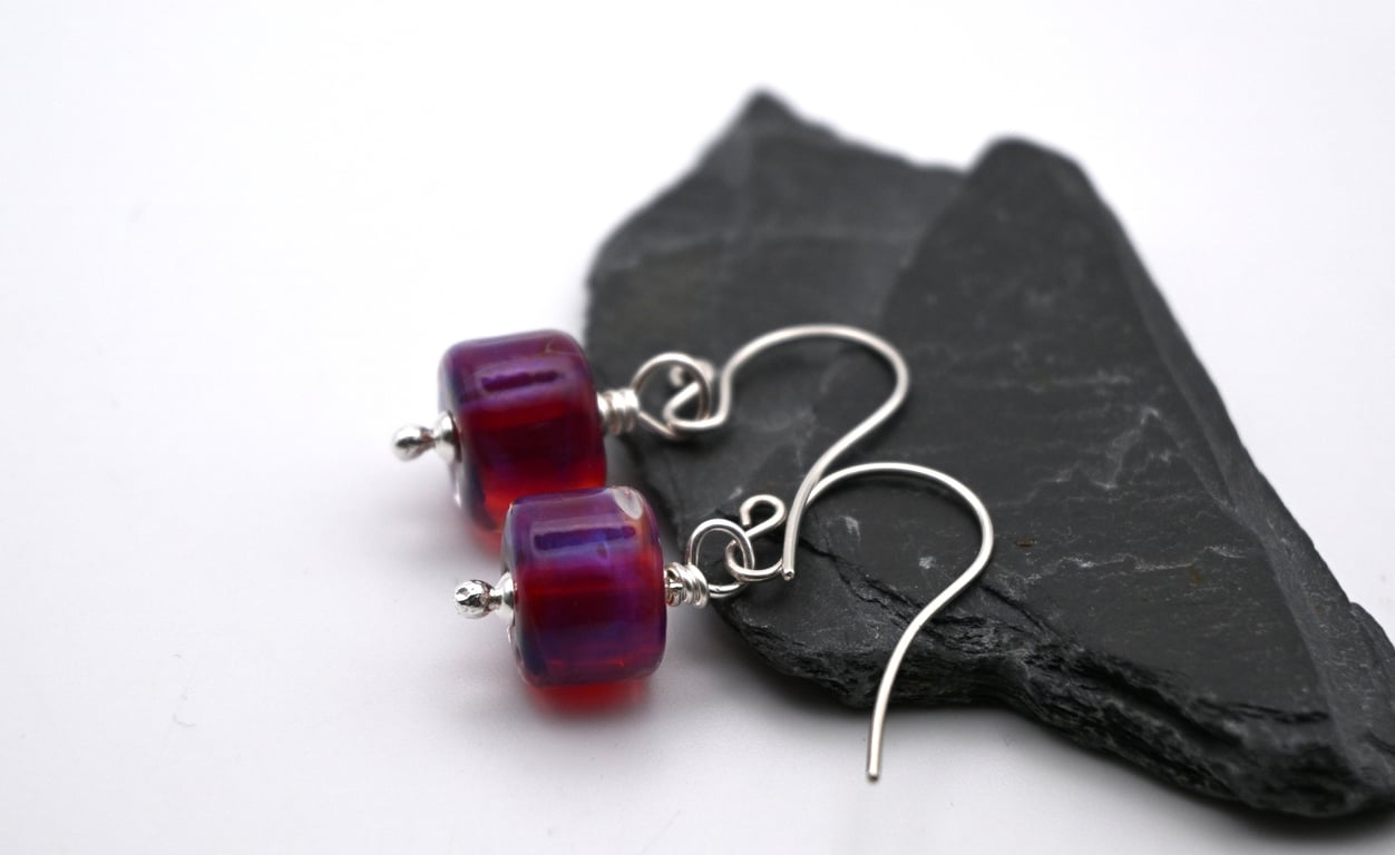 lampwork glass earrings, pink purple jewellery