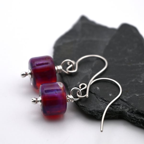 lampwork glass earrings, pink purple jewellery