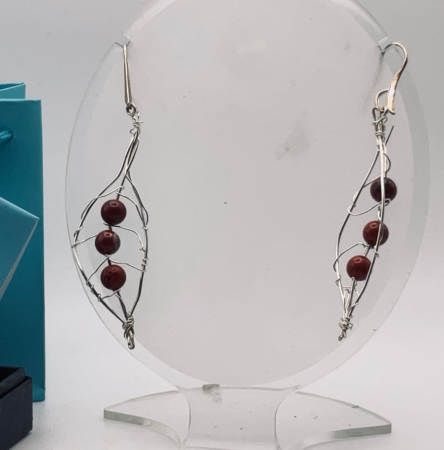 Leaf shaped Earrings with Carnelian Beads